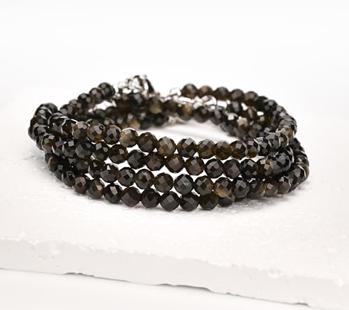 Crystal Bracelet for Women, Natural 4mm Faceted Beads Adjustable Bracelet, Small Beaded Healing Gemstone Bracelet - color: Golden Obsidian