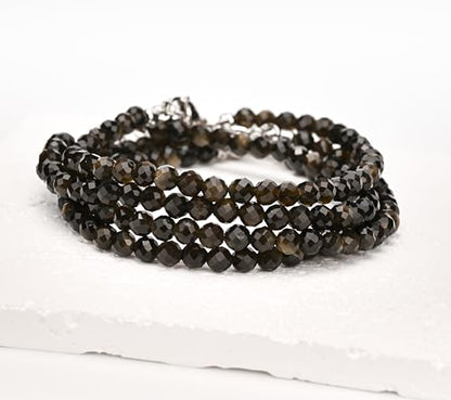 Crystal Bracelet for Women, Natural 4mm Faceted Beads Adjustable Bracelet, Small Beaded Healing Gemstone Bracelet - color: Golden Obsidian