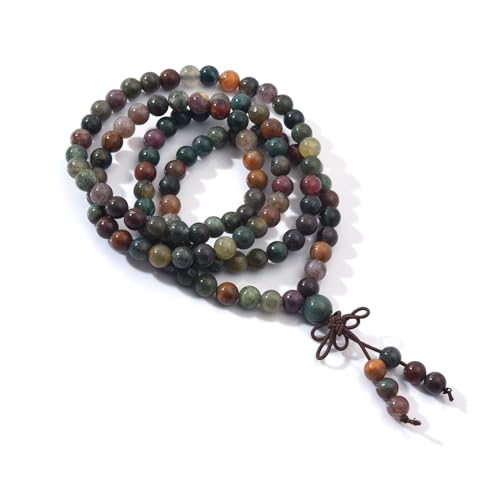 108 Mala Prayer Beads Bracelet 6mm Genuine Gemstone Healing Crystal Stone Beaded Bracelet Buddhist Tibetan Handmade Knotted Elastic Necklace for Yoga Meditation Unisex Women Men - color: Indian Agate