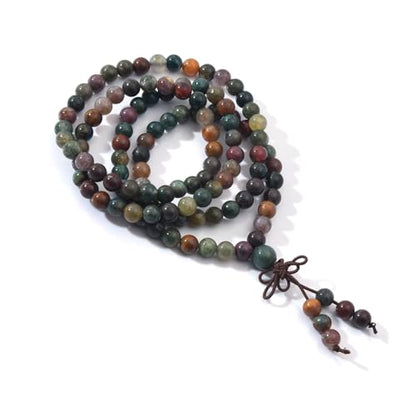 108 Mala Prayer Beads Bracelet 6mm Genuine Gemstone Healing Crystal Stone Beaded Bracelet Buddhist Tibetan Handmade Knotted Elastic Necklace for Yoga Meditation Unisex Women Men - color: Indian Agate