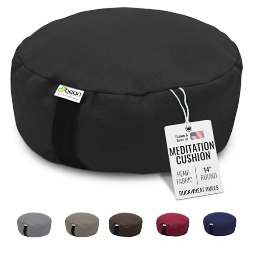 Bean Products Hemp Zafu Meditation Cushion for Sitting on Floor, Hemp Yoga Pillow, Zafu Meditation Pillow, Zen Seiza Kneeling Prayer Pad Support - Made in USA - Round Black - color: Hemp Black, size: Round - 14"