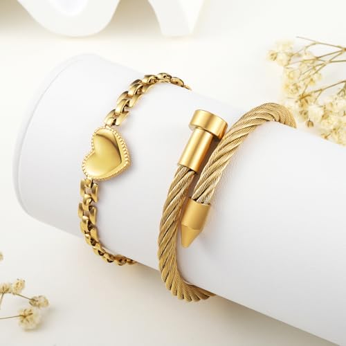 2PCS 18K Gold Plated Nail Bangle & Chain Bracelet Set for Women, Adjustable Stackable Bangle Jewelry, Dainty Gold Bracelet Gift for Women - color: Set O