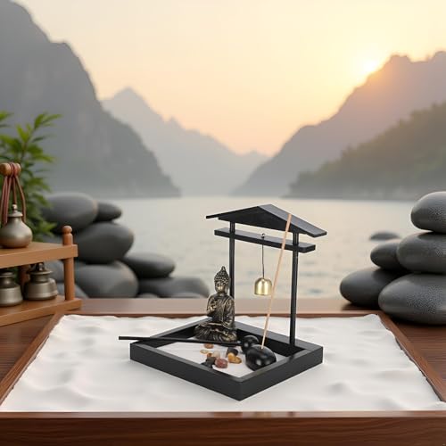 Zen Garden Desktop Sitting Buddha Ornament, Statue with Incense Holder Sand Decorative Stone Accessories for Home Office and Work Desk Collectible Figurines[1906]