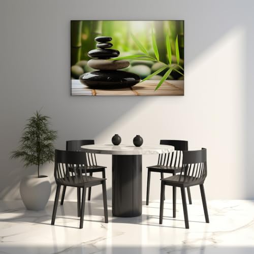 Canvas for Living room. Zen Balance - Stacking Stones and Bamboo Leaves Conjure Serenity and Harmony, 27 x 18 inch Canvas Wall Art - Ready to Hang - 69x46 cm (27x18 inch)