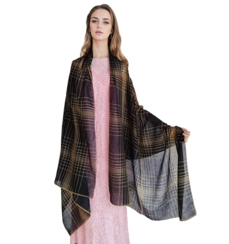 Luxury Cashmere Pashmina Style Shawl - Silk & Wool Blend Scarf, Lightweight Skin-Friendly Wrap - color: Black + Yellow (Checkered)