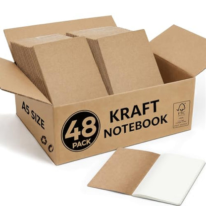 48 Pack Kraft Notebooks Bulk A5, 60 Pages Blank Unlined Journals, 8.3x5.5 Inches, Natural Kraft Cover Composition Notebooks for School Office Students Artists