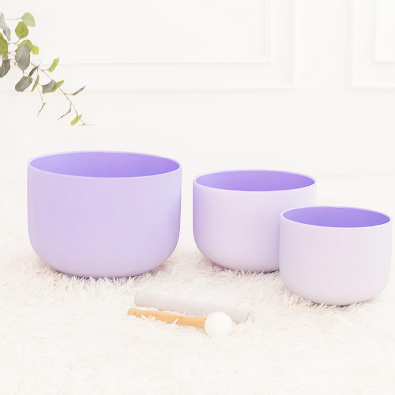 Hye-eun Purple Crystal Singing Bowls Set of 3, 432hz 8"B 10"F 12"C Frosted Quartz Chakra Sound Bowl with Beige Carrying Case for Sound Healing Yoga Meditation