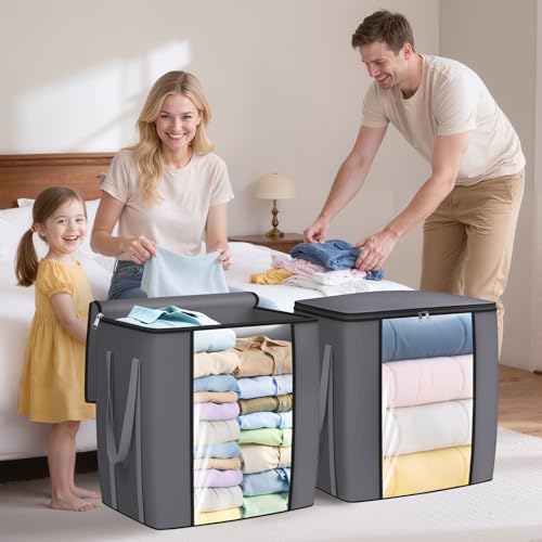 120L Extra Large Clothes Storage Bags, Foldable Blanket Storage and Organization, Thick Fabric Containers with Reinforced Handles & Zippers for Clothing, Comforters, Bedding, Gray, 1 Pack