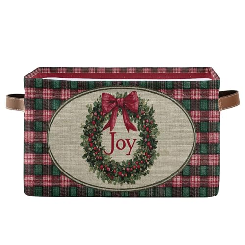 Christmas Joy Wreath Bow Knot Storage Basket with Waterproof Liner and PU Handles Winter Poinsettia Buffalo Plaid Storage Bins Boxes 14.2" Collapsible Decorative Baskets for Bedroom Office 1 Pack - color: Joy, size: 1 Pack