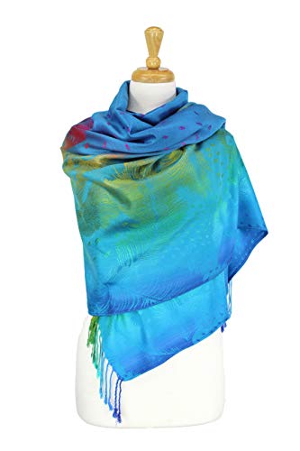 PASKMLNA Double Side Multi Colors Silky Tropical Colorful Exotic Pashmina Wrap Shawl Scarf Rave - color: 050-turquoise Blue Multi Feathers