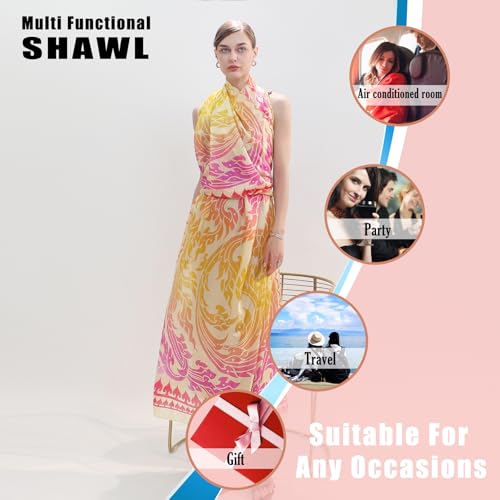 100% Mulberry Extra Large Silk Pashmina Scarf Shawls And Wraps For Women Evening Dress Summer Travel Floral Blanket - color: 66 Yellow&pink