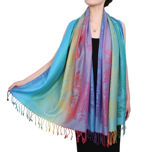 Colorful flowers Jacquard cotton pashmina Women Wrap Shawl tassels Scarves