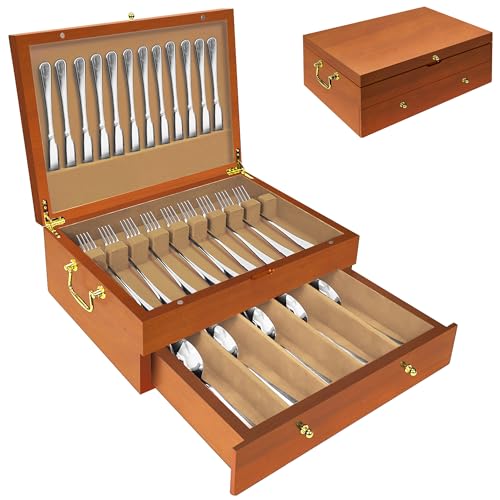 Silverware Storage Box Solid Wood with Lid, Silverware Organizer with Handle and Felt Lined, Silverware Storage Chest for Flatware and Utensils Home Decor Gift, Chest for Flatware (Oak, 2 Layer) - color: Oak, size: 2 Layer