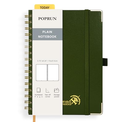 POPRUN Blank Spiral Journal Notebook, A5 Hardcover Sketch Books, 141 Pages Unlined Journals for Women Men, 120 GSM Plain Notebooks for Sketching, Drawing, Painting, 5.75'' x 8.25'', Olive - color: Olive, style: Plain