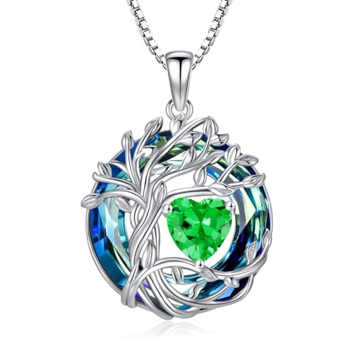 TOUPOP Tree of Life Birthstone Necklace Sterling Silver Pendant Birthstone Necklaces with Blue Crystal Anniversary Birthday Jewelry for Women Mom Wife Her