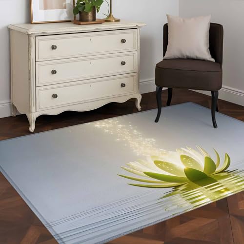 Zen Meditation Lotus Floral Area Rug Washable 3x5 Entryway Rug Non-Slip Indoor Low Pile Green Floral Modern Art Floor Carpet Small Rugs for Bedroom Office Living Room Kitchen Entrance Nursery - size: 3' x 5'(Rectangular)