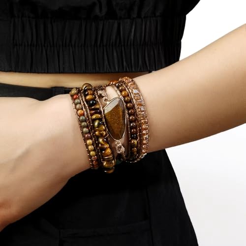 Boho Wrap Bracelet for Women, Handmade Natural Imperial Jasper Multi-Layer Stone Beaded Bracelet, Bohemian Healing Crystal Stone Jewelry Gifts - color: Tiger Eye #2