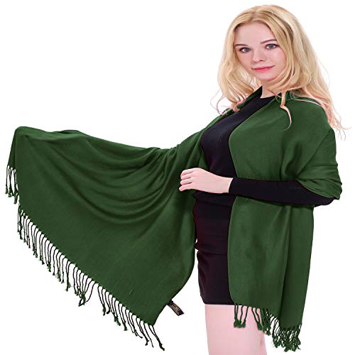 CJ Apparel Solid Color Tassels Design Nepalese Shawl Scarf Wrap Stole Throw Head Wrap Pashmina Gift Hand Made in Nepal New - color: Dark Green Mix