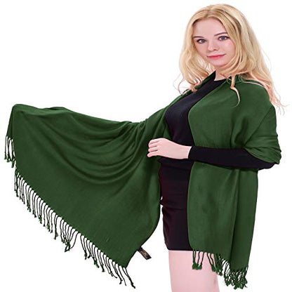 CJ Apparel Solid Color Tassels Design Nepalese Shawl Scarf Wrap Stole Throw Head Wrap Pashmina Gift Hand Made in Nepal New - color: Dark Green Mix
