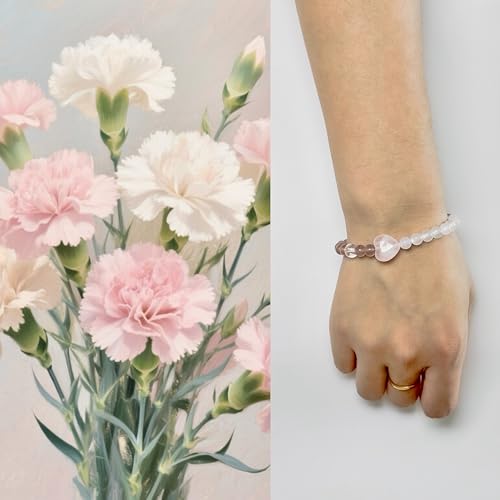 Birth Flower Crystal Bracelets for Women, Handmade Natural Gemstone Stretch Jewelry with Healing & Positive Energy - color: Jan. Carnation & Quartz
