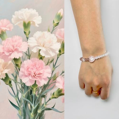 Birth Flower Crystal Bracelets for Women, Handmade Natural Gemstone Stretch Jewelry with Healing & Positive Energy - color: Jan. Carnation & Quartz