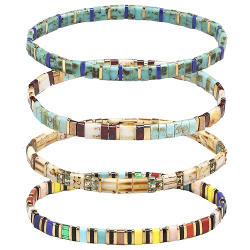 Jadive 4 Pcs Tila Flat Beaded Stretch Bracelets for Women Bohemian Friendship Bead Bracelets Glass Cute Boho Style Square Beaded Decorations for Jewelry Friend Gifts - color: Retro Color