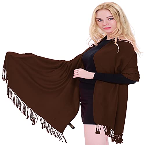 CJ Apparel Solid Color Tassels Design Nepalese Shawl Scarf Wrap Stole Throw Head Wrap Pashmina Gift Hand Made in Nepal New - color: Dark Brown