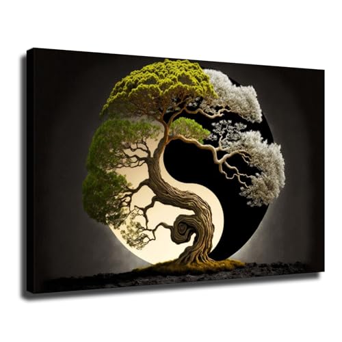 Yin And Yang Wall Art, Abstract Bonsai Tree Wall Art, Zen Meditation Wall Decor, Modern Yin Yang Framed Poster For Bedroom Ready To Hang (Framed,16×24 inch) - size: 24"L x 16"W