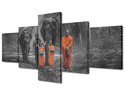 TUMOVO Canvas Wall Art Elephant Poster 5 Piece Zen Buddhist Wall Decorations for Living Room Black and White Home Decor Modern Artwork for Home Walls Framed Ready to Hang (50''Wx 24''H) - color: Artwork-12, size: 50''Wx24''H