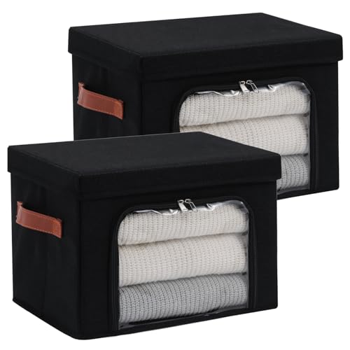 2PCS Large Storage Bins Boxes with Lids Clear Window Zipper Closure Decorative Cotton Linen Fabric Baskets with PU Leather Handles PP Board Collapsible Clothes Shelf Closet Organizer (Black) - color: Black, size: Large ( Pack of 2 )
