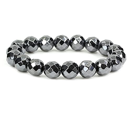 Keleny Semi Precious Stones Natural Gemstones 12mm Round Beads Crystal Stretch Bracelets 7 Inch Unisex - color: Black Hematite Faceted