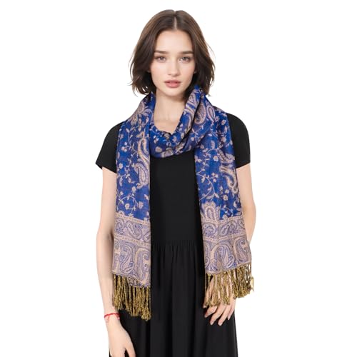 MUQU Women Pashmina Shawls and Wraps Scarf Soft Silky Reversible Paisley Scarves Shawl for Women - color: Dark Blue