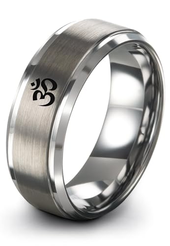 Yoga Om Symbol Ring - Gift for Meditation Fan - Personalized Custom Engraving - Anniversary Wedding - 8mm - Band - Brushed Polished - Tungsten - Flat Dome Bevel - Men Women - Yellow Rose Gold Silver - color: 06 - Grey Tungsten
