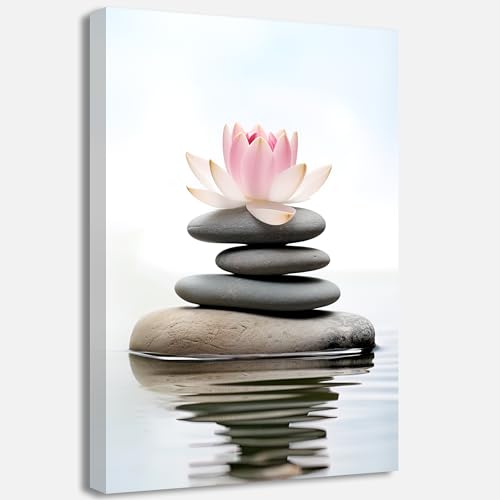 QIXIANG Pink Lotus Flower Canvas Wall Art Zen Stone and Pink Floral Meditation Painting for Serene Home Zen Enthusiasts Home Framed(Lotus-C,28.00" x 42.00") - color: Lotus-C, size: 28"L x 42"W