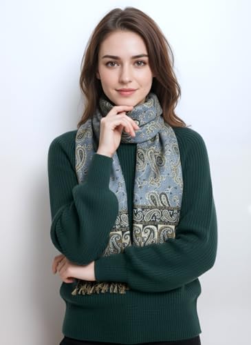 Achillea Reversible Paisley Pashmina Rave Scarf – Exotic Indian Shawls and Wraps for Evening Dresses, Festivals, All Seasons - color: Steel Blue