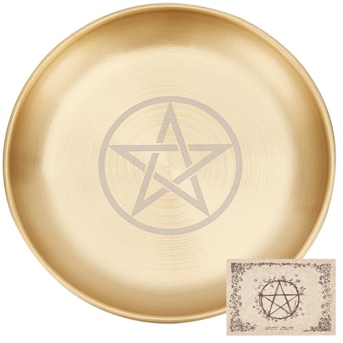 CREATCABIN Pentagram Altar Plate Star Tarot Plate Ritual Burning Candle Holder Plate Bowls Offering Incense Burning Flat Bowl with Altar Card Tarot Supplies for Witchcraft Wiccan Golden 5.55 Inch - style: Pentagram