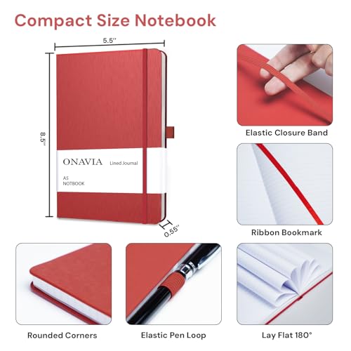 ONAVIA A5 Hardcover Notebook Journal, College Ruled Lined Notebook for Work, Office Meetings, Journaling, Planning & Daily Writing, 160 Pages (80 Sheets), 5.8 x 8.3 in, Red - color: Red