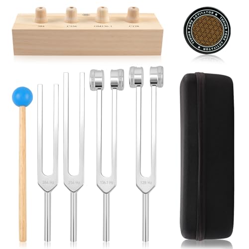 Tuning Forks for Healing Set – Includes 128Hz, 136Hz, 256Hz, 384Hz, & Activator, Bamboo Base, Rubber Hammer, Portable in Black Luggage – Sound Healing Instruments for Chakra, Yoga, and Meditation - color: Black, size: Tuning Fork 5set