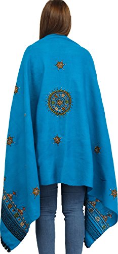 Exotic India Women's Pure Wool Shawl from Kutch with Central Embroidered Chakra and Mirrors Ethnic Design Stole, Scarves - color: Blue Jewel