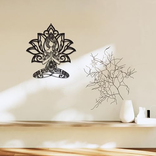 Rajukit Zen Wall Art–Meditating Girl & Lotus Metal Wall Decor–Serene Meditation & Yoga Room Decor for Mindful Spaces