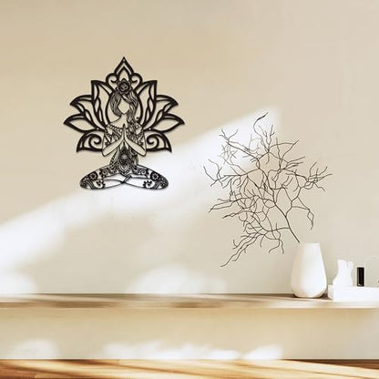 Rajukit Zen Wall Art–Meditating Girl & Lotus Metal Wall Decor–Serene Meditation & Yoga Room Decor for Mindful Spaces