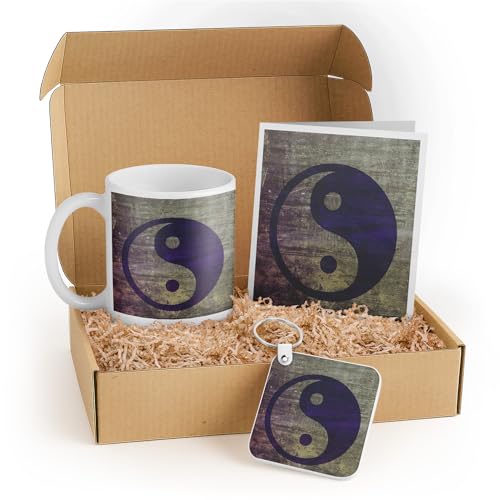 3dRose Yin Yang Inspirational Gift Set with Mug, Keychain, and Card - Purple Abstract Design for Spirituality Enthusiasts and Mindfulness Practice