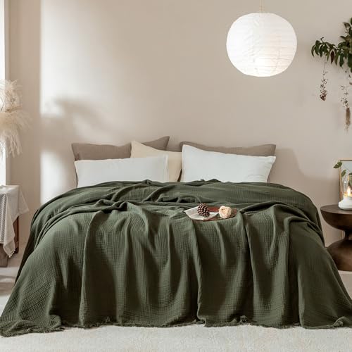 Muslin Fringe Blanket for Adults 100% Cotton 4-Layer Gauze Cloud Soft Breathable Lightweight All Season Throw Blanket for Bed Couch Sofa Office (Olive Green, Queen 90" × 90") - color: Olive Green, size: Queen (90" × 90")