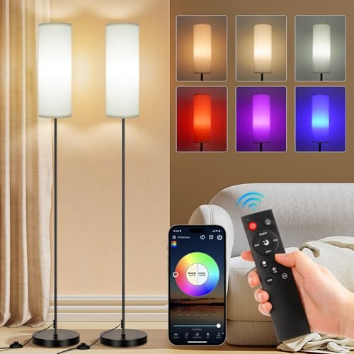 FRIDEKO HOME 2 Pack Floor Lamps for Living Room, Dimmable Colors Temperature & Brightness, Modern Floor Lamp with Remote, Tall Standing Lamps for Living Room Bedroom Office, White Shade 9W Smart Bulb - color: White 2_Pack