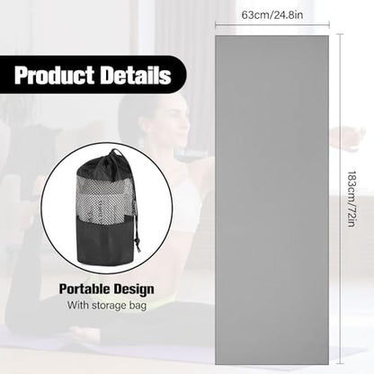 MoKo Hot Yoga Towel, Non-Slip Yoga Mat Towel with Grip Dots, 74.4"×27.3" Yoga Mat Cover for Pilates, Fitness, Meditation, Swimming Pool, Beach, Travel Yoga Mat with Corner Pockets, Gray