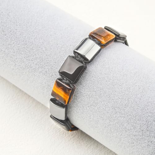 Square Natural Stone Unisex Adjustable Bracelet - Handmade with Natural Stons - Square Healing Crystal Bead Bracelet - color: Black&Tan