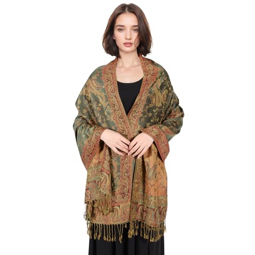 MUQU Women Pashmina Shawls and Wraps Scarf Soft Silky Reversible Paisley Scarves Shawl for Women - color: Green-a2