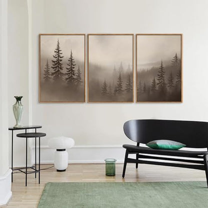 KYLESONLIE Misty Forest Framed Canvas Wall Art Set, Foggy Pine Tree Woodland Wall Decor, Calming Nature Zen Art Paintings, Minimalist Wood Landscape Artwork for Bedroom Living Room Office 16"x24"x3