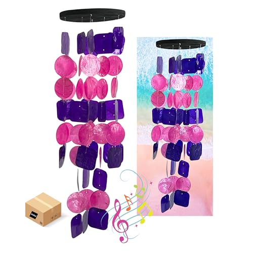 Bellaa 24841 Wind Chimes Outdoor, Garden Decorations, Musical, Indoor/Outside Windchimes, Beach, Ocean Breeze, Gifts for Mom, Gift for All Occasions, Capiz Sea Glass Shells Wood Pink Purple - color: Pink Purpal