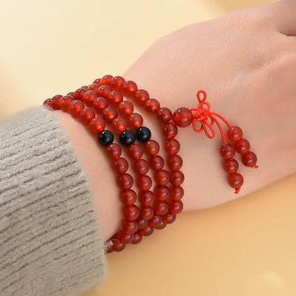 108 Mala Prayer Beads Bracelet 6mm Genuine Gemstone Healing Crystal Stone Beaded Bracelet Buddhist Tibetan Handmade Knotted Elastic Necklace for Yoga Meditation Unisex Women Men - color: Carnelian